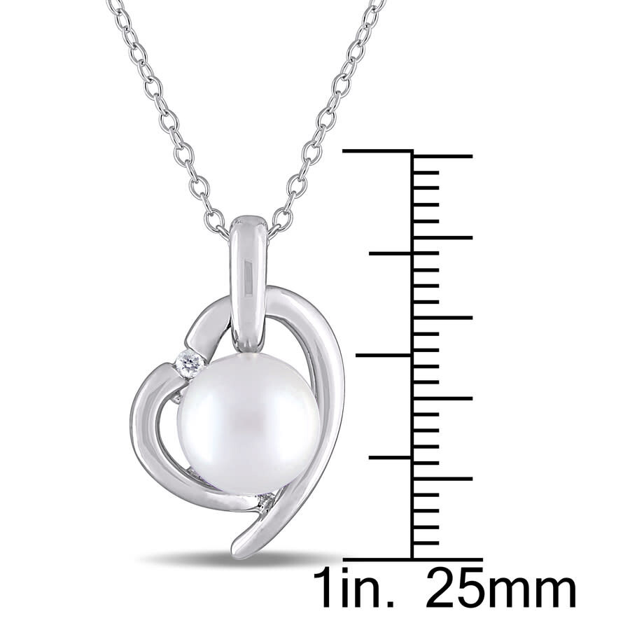 Shop Amour 8.5 - 9 Mm White Cultured Freshwater Pearl And Diamond Heart Pendant With Chain In Sterling Si