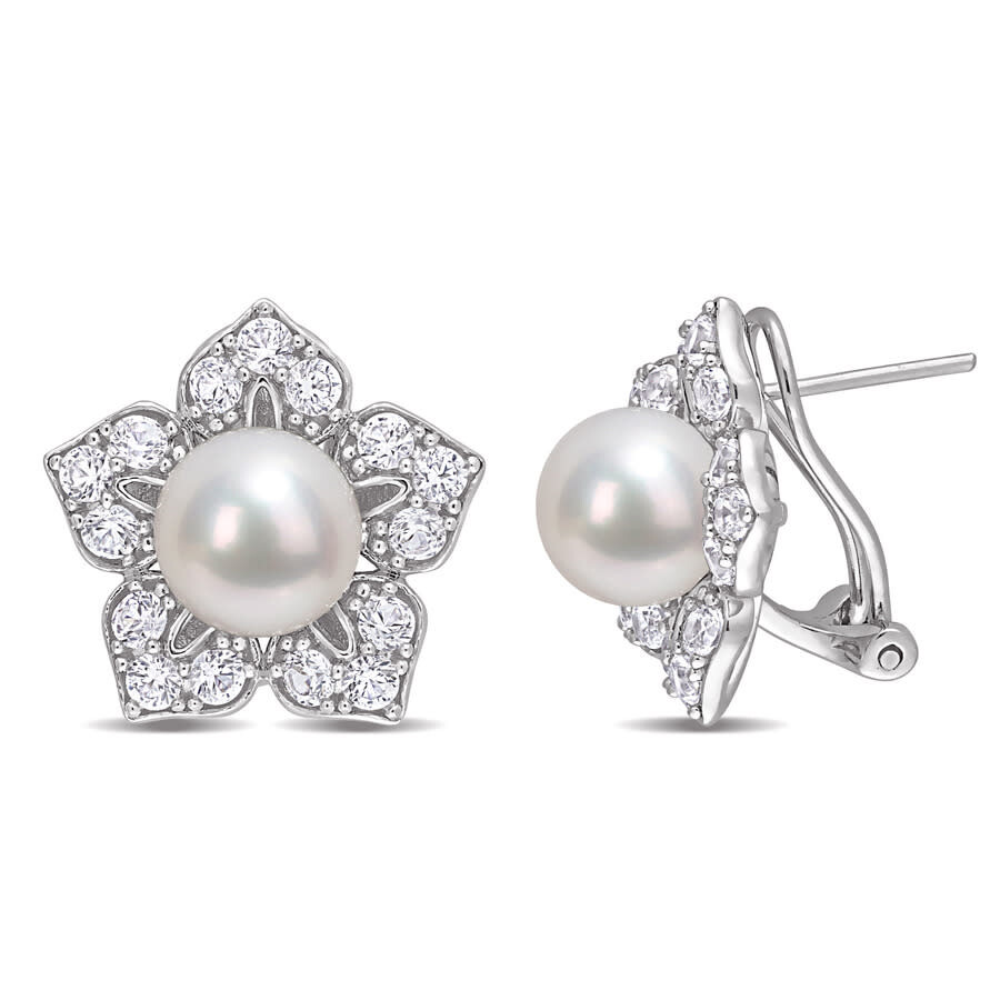 Shop Amour 8.5-9mm Freshwater Cultured Pearl And 2 3/4 Ct Tgw Created White Sapphire Floral Earrings In S