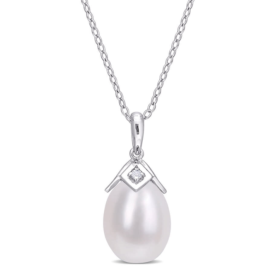 Shop Amour 8.5-9mm Freshwater Cultured Pearl And Created White Sapphire Drop Pendant With Chain In Sterli