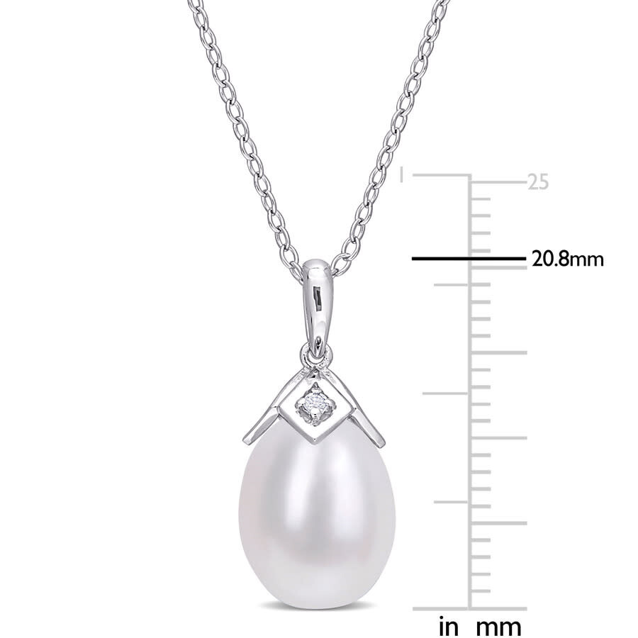 Shop Amour 8.5-9mm Freshwater Cultured Pearl And Created White Sapphire Drop Pendant With Chain In Sterli