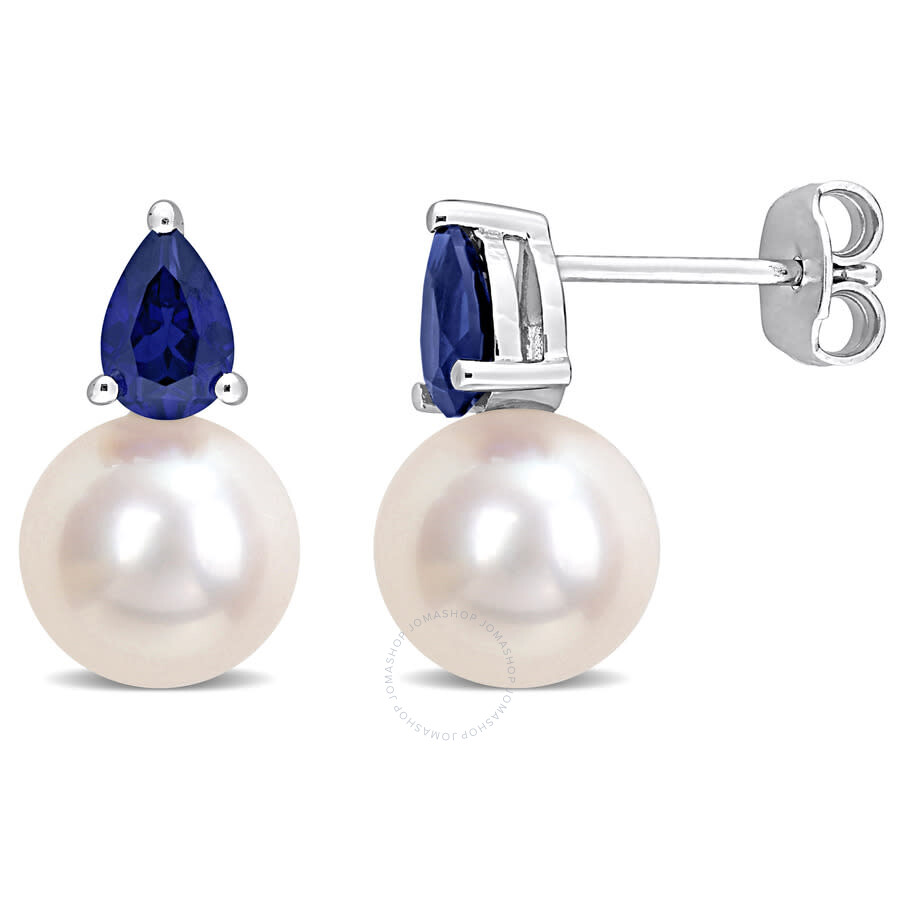 Amour 8.5-9mm White Freshwater Cultured Pearl And 1 1/3 Ct Tgw Created Blue Sapphire Stud Earrings I In White