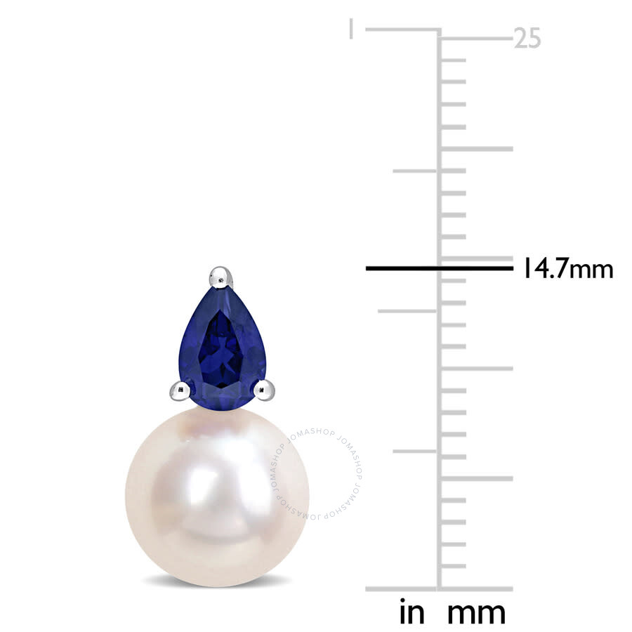 Amour 8.5-9mm White Freshwater Cultured Pearl And 1 1/3 Ct Tgw Created Blue Sapphire Stud Earrings I In White