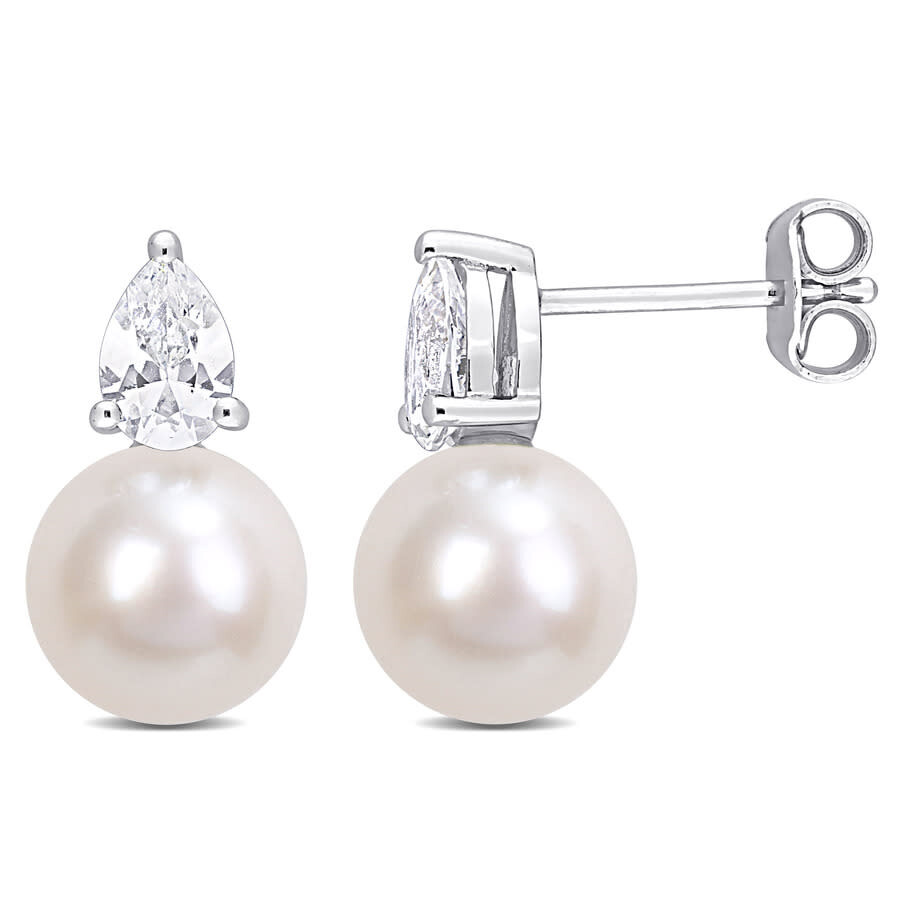 Amour 8.5-9mm White Freshwater Cultured Pearl And 1 1/3 Ct Tgw Created White Sapphire Stud Earrings In White