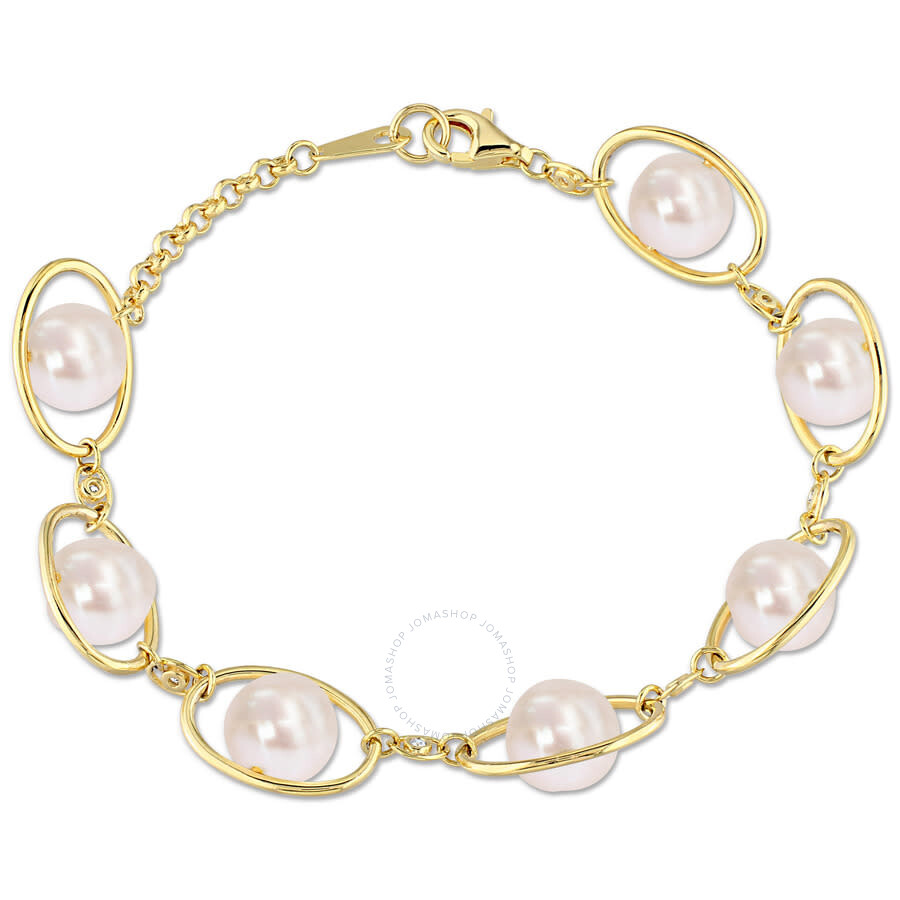 Shop Amour 8-8.5mm Freshwater Pearl & 1/10 Ct Tgw Cubic Zirconia Bracelet In Yellow Plated Sterling Silve