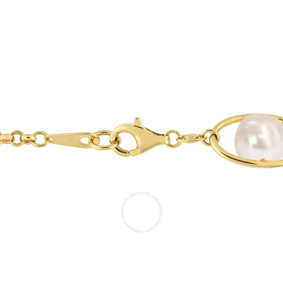 Shop Amour 8-8.5mm Freshwater Pearl & 1/10 Ct Tgw Cubic Zirconia Bracelet In Yellow Plated Sterling Silve