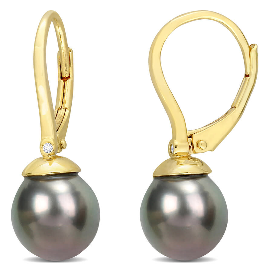 Amour 8-8.5mm Black Tahitian Cultured Pearl & Diamond Accent Leverback Earrings In Yellow Plated Ste In Yellow