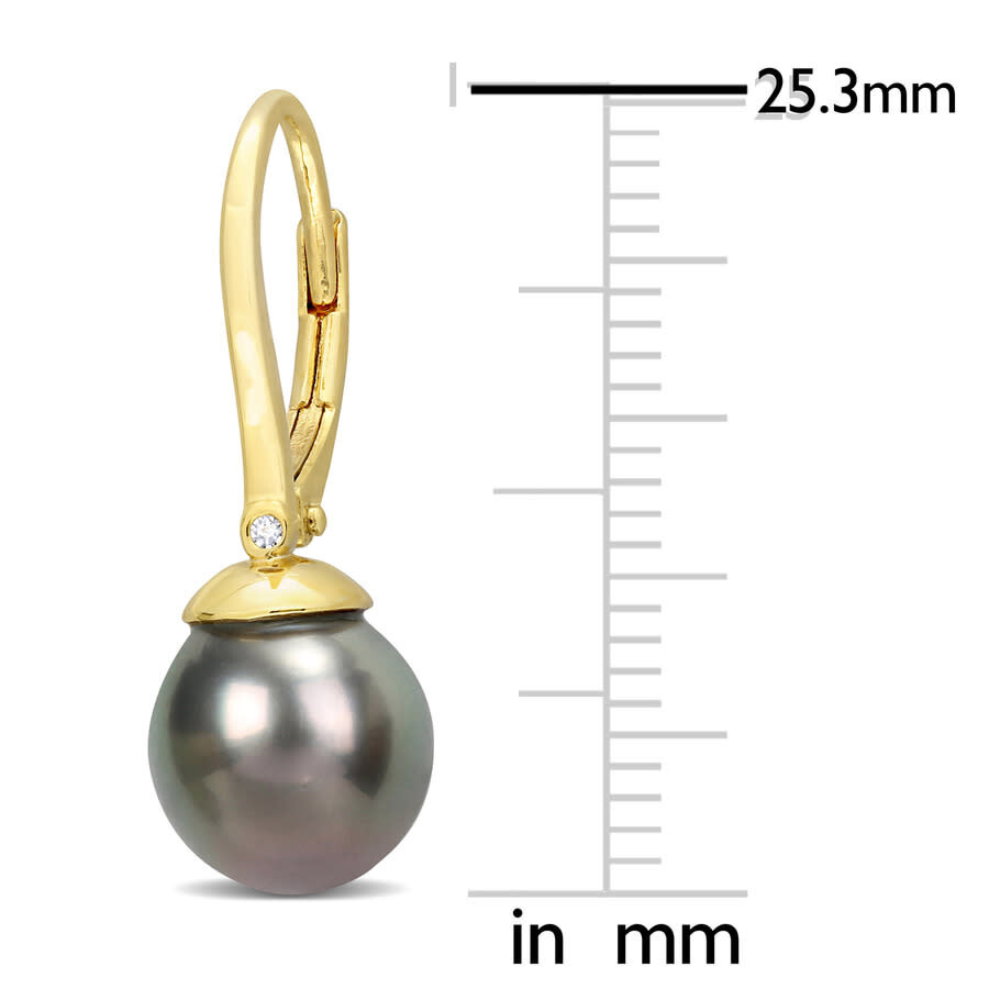 Amour 8-8.5mm Black Tahitian Cultured Pearl & Diamond Accent Leverback Earrings In Yellow Plated Ste In Yellow