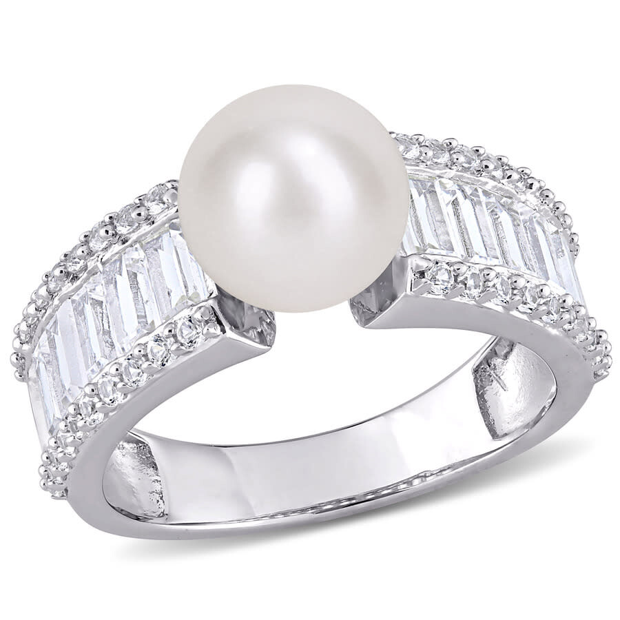 Amour 8-8.5mm Cultured Freshwater Pearl And 2 2/5 Ct Tgw Created White Sapphire Engagement Ring In S In White