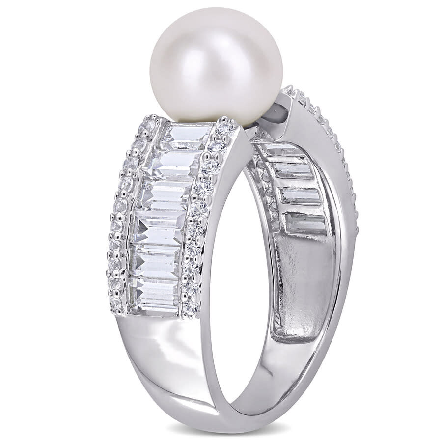 Amour 8-8.5mm Cultured Freshwater Pearl And 2 2/5 Ct Tgw Created White Sapphire Engagement Ring In S In White