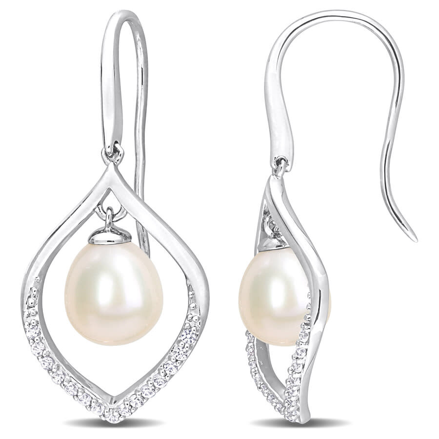 Shop Amour 8-8.5mm Freshwater Cultured Pearl And 1/3 Ct Tgw White Sapphire Open Hook Earrings In Sterling