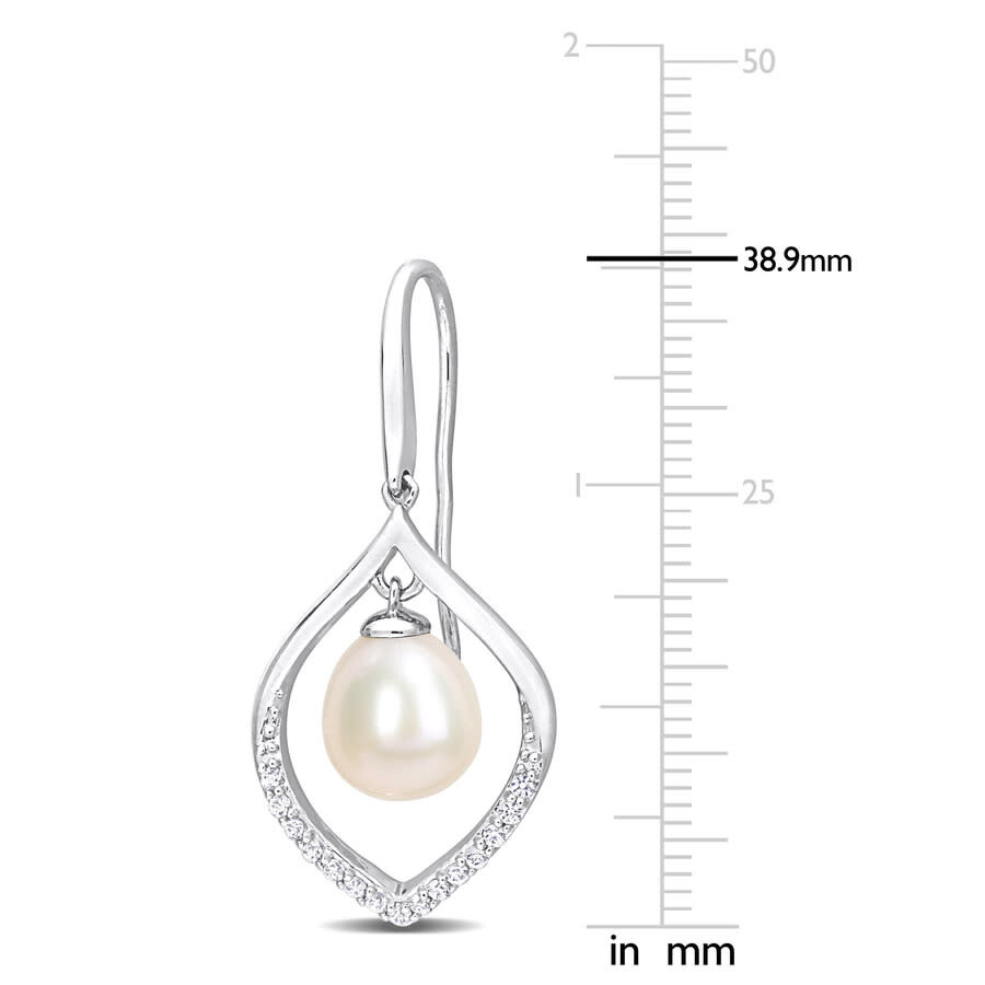 Shop Amour 8-8.5mm Freshwater Cultured Pearl And 1/3 Ct Tgw White Sapphire Open Hook Earrings In Sterling