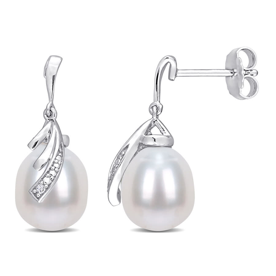 Shop Amour 8-8.5mm Freshwater Cultured Pearl And Diamond Accent Feather Earrings In Sterling Silver In White