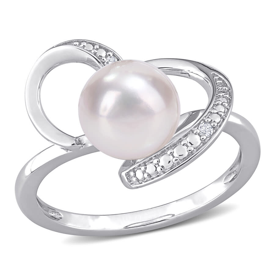 Shop Amour 8-8.5mm Freshwater Cultured Pearl And Diamond Accent Heart Ring In Sterling Silver In White