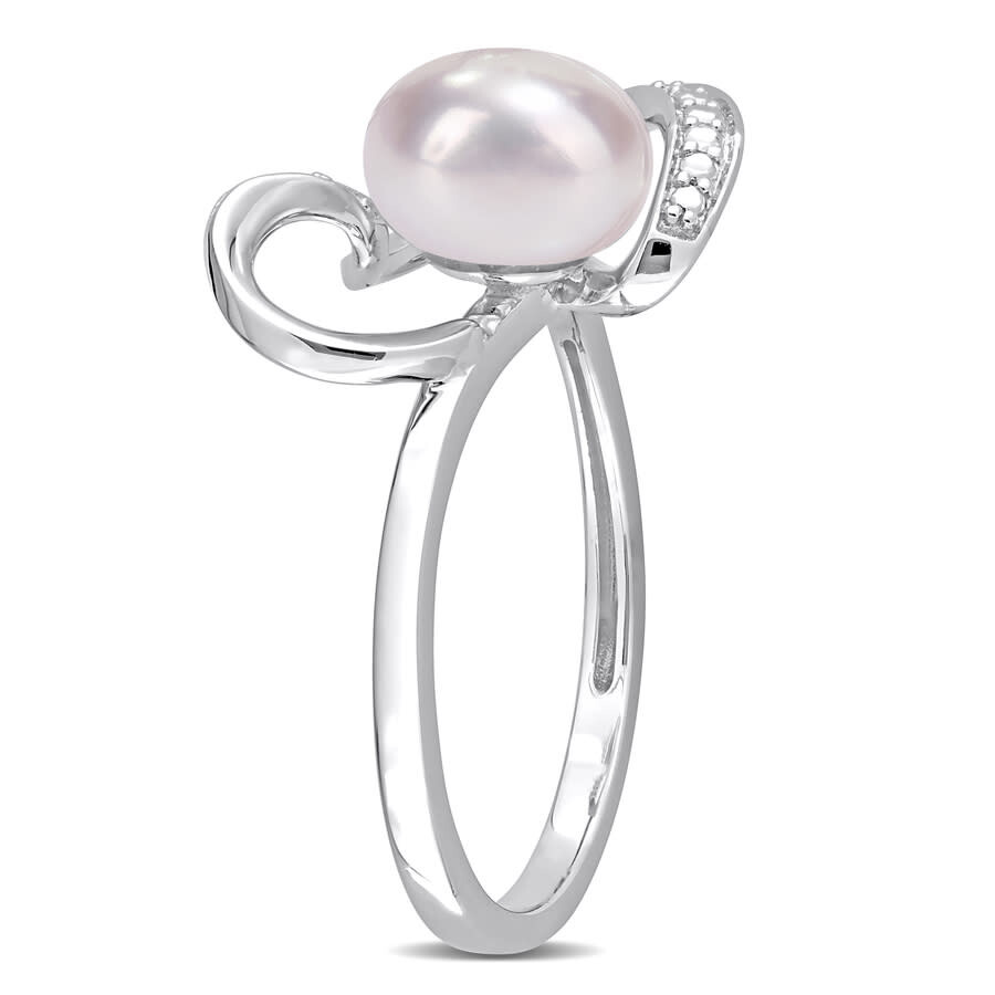 Amour 8-8.5mm Freshwater Cultured Pearl And Diamond Accent Heart Ring In Sterling Silver In White