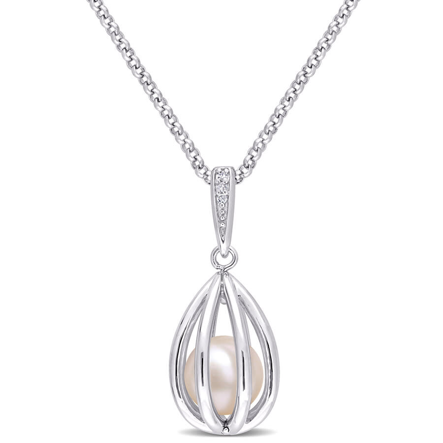 Shop Amour 8-8.5mm Freshwater Cultured Pearl And Diamond Accent Pearl Necklace With Chain In Sterling Sil In White