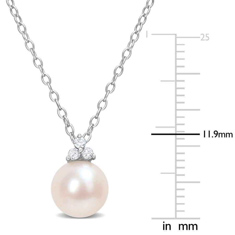 Amour 8-8.5mm Freshwater Cultured Pearl And Diamond Accent Pearl Pendant With Chain In Sterling Silv In White