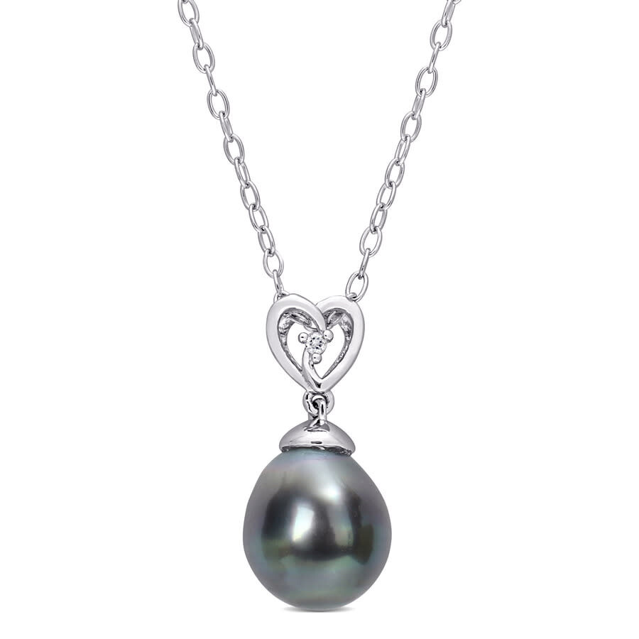 Amour 8-9mm Black Tahitian Cultured Pearl And White Topaz Heart Drop Pendant With Chain In Sterling  In White