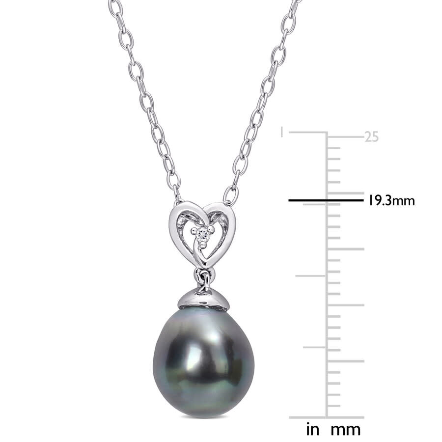 Amour 8-9mm Black Tahitian Cultured Pearl And White Topaz Heart Drop Pendant With Chain In Sterling  In White