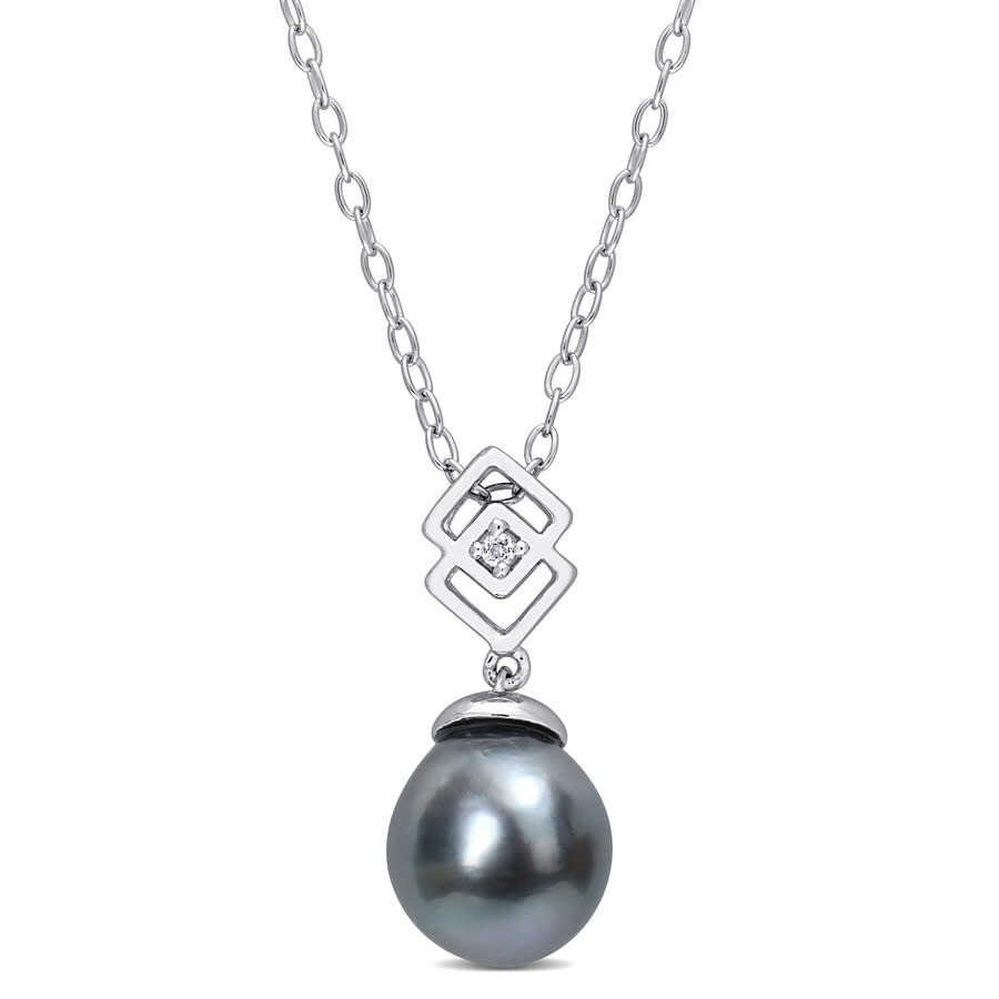 Amour 8-9mm Black Tahitian Cultured Pearl And White Topaz Lozenge Drop Pendant With Chain In Sterlin In White