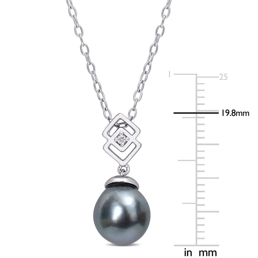 Amour 8-9mm Black Tahitian Cultured Pearl And White Topaz Lozenge Drop Pendant With Chain In Sterlin In White