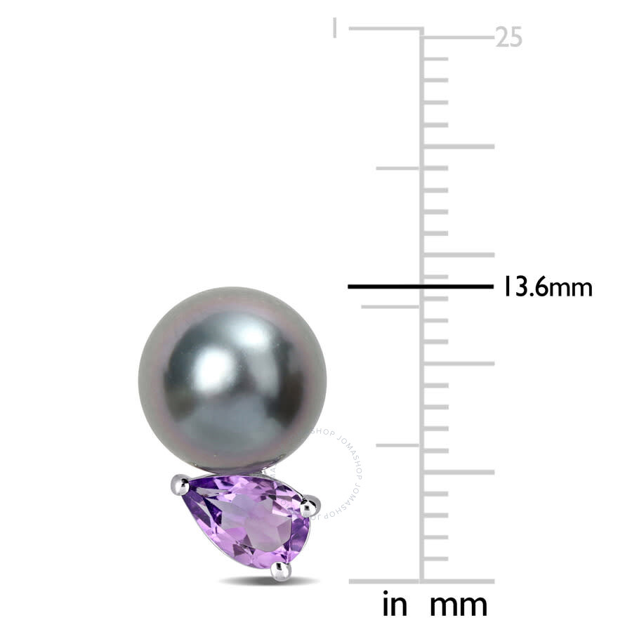 Amour 8-9mm Black Tahitian Cultured Pearl And 3/4 Ct Tgw African Amethyst Stud Earrings In Sterling In White