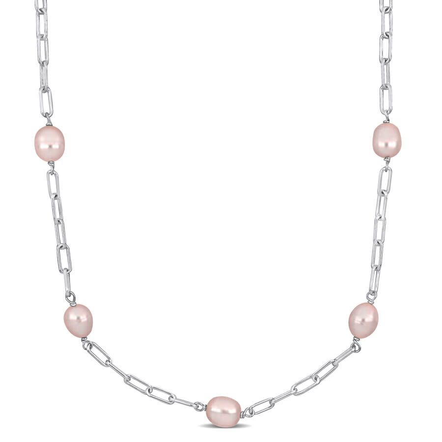 Shop Amour 8-9mm Pink Cultured Freshwater Pearl Station Necklace In Sterling Silver In Two-tone