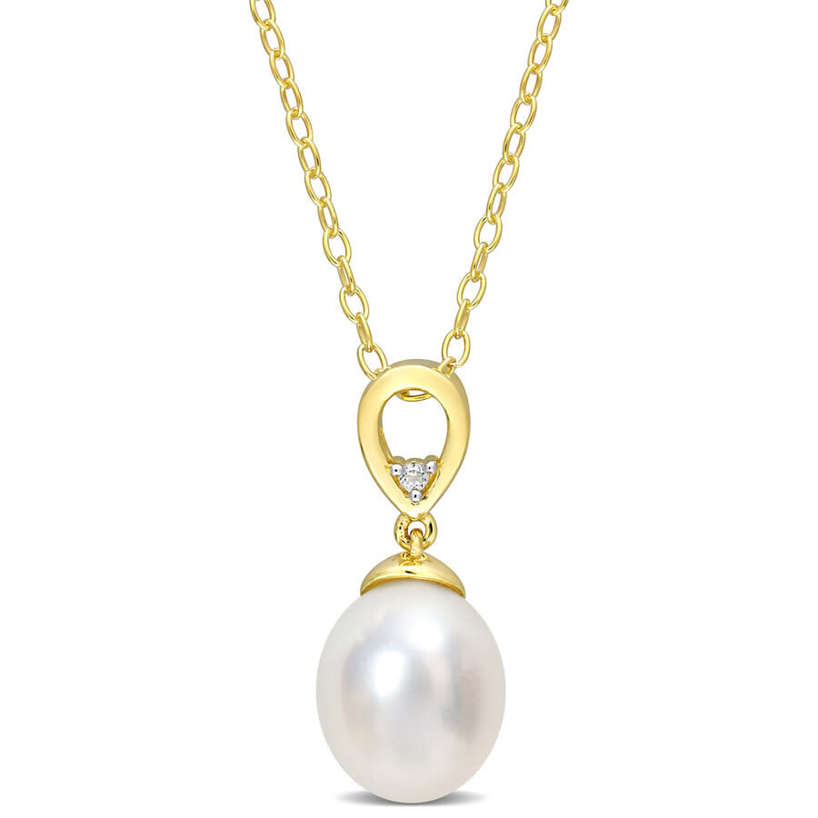 Amour 8-9mm South Sea Cultured Pearl And White Topaz Drop Pendant With Chain In Yellow Plated Sterli In Yellow
