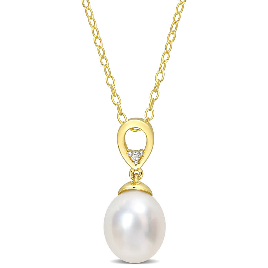 Shop Amour 8-9mm South Sea Cultured Pearl And White Topaz Drop Pendant With Chain In Yellow Plated Sterli