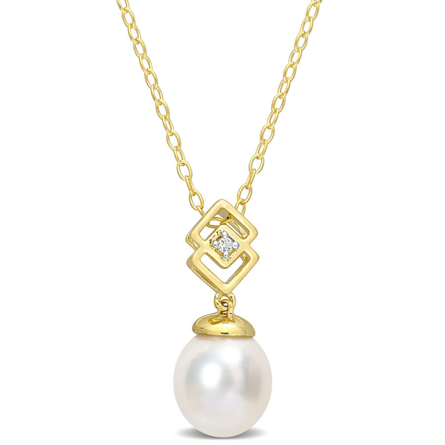 Amour 8-9mm South Sea Cultured Pearl And White Topaz Drop Pendant With Chain In Yellow Plated Sterli In Yellow