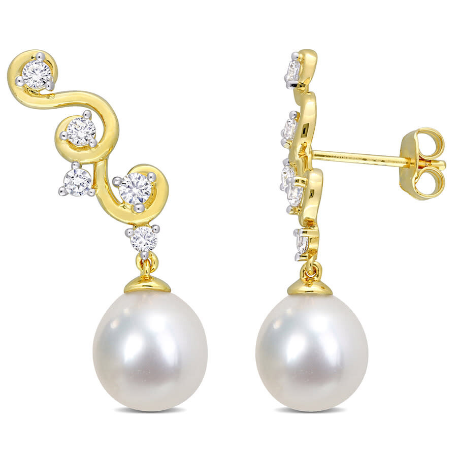 Shop Amour 8-9mm South Sea Cultured Pearl And 5/8 Ct Tgw Created White Sapphire Infinity Drop Earrings In In Yellow