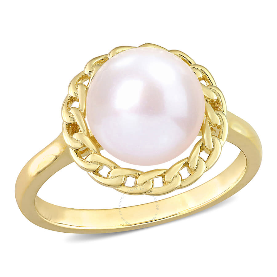 Amour 9-9.5mm Cultured Freshwater Pearl Halo Link Ring In Yellow Plated Sterling Silver In Yellow
