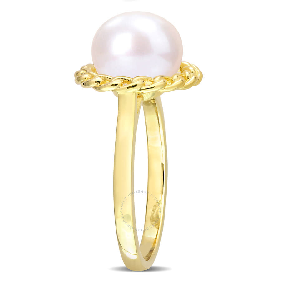 Amour 9-9.5mm Cultured Freshwater Pearl Halo Link Ring In Yellow Plated Sterling Silver In Yellow