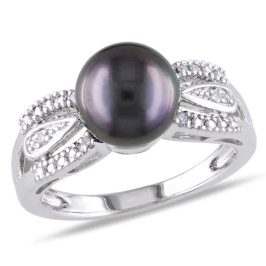 Shop Amour 9 - 9.5 Mm Black Tahitian Pearl And Diamond Split Shank Ring In Sterling Silver In White