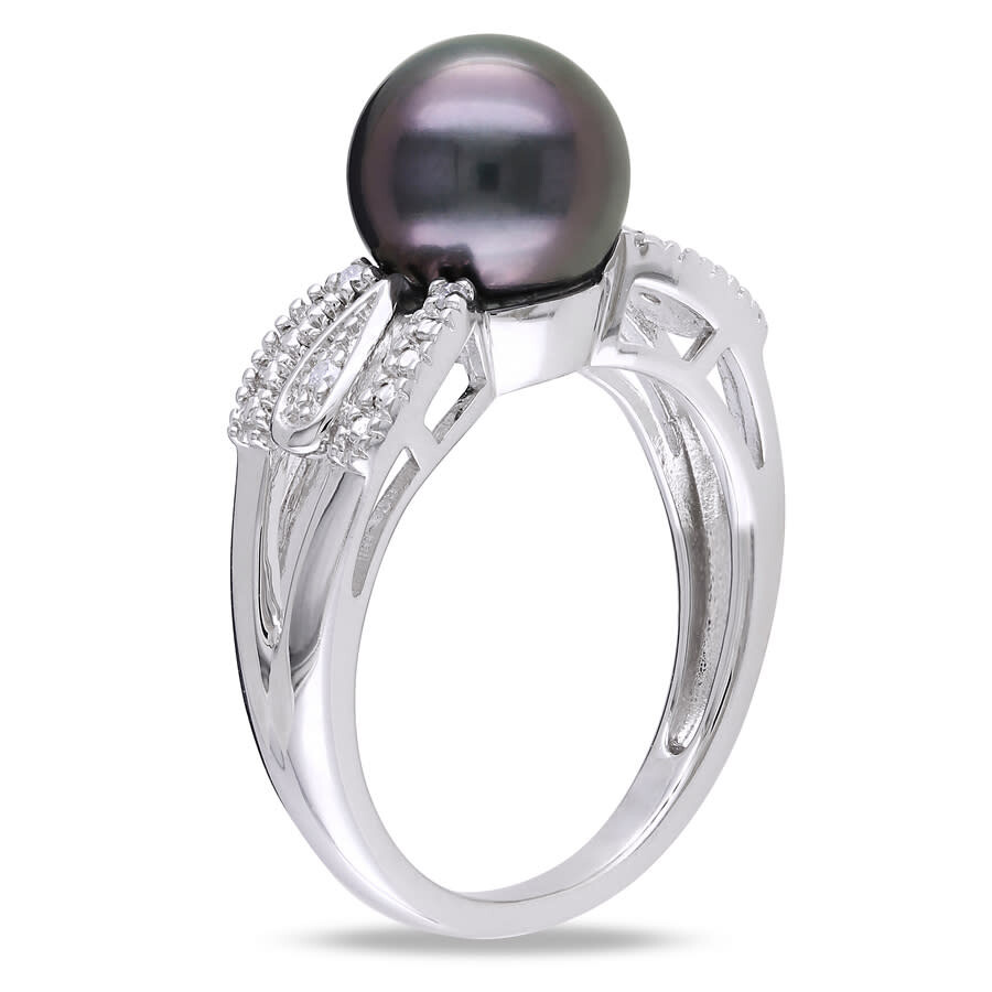 Amour 9 - 9.5 Mm Black Tahitian Pearl And Diamond Split Shank Ring In Sterling Silver In White