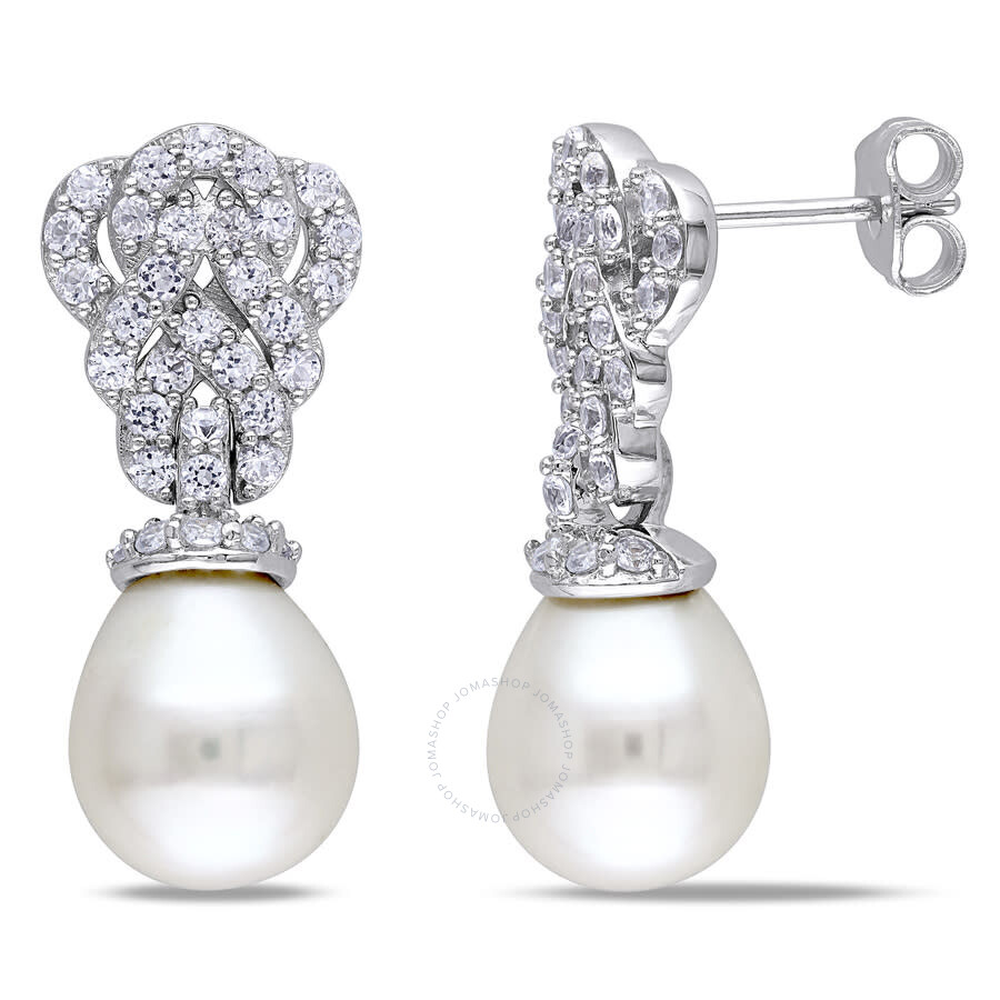 Amour 9 - 9.5 Mm White Cultured Freshwater Pearl Earrings With Created White Sapphire In Sterling Si In White