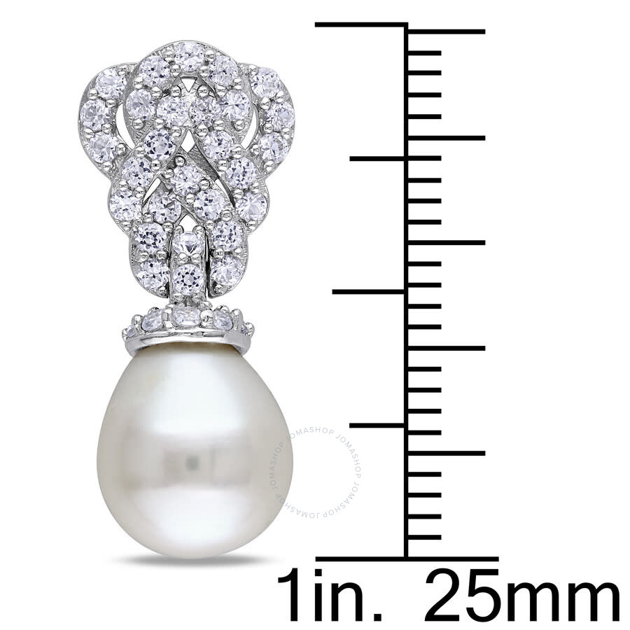 Amour 9 - 9.5 Mm White Cultured Freshwater Pearl Earrings With Created White Sapphire In Sterling Si In White