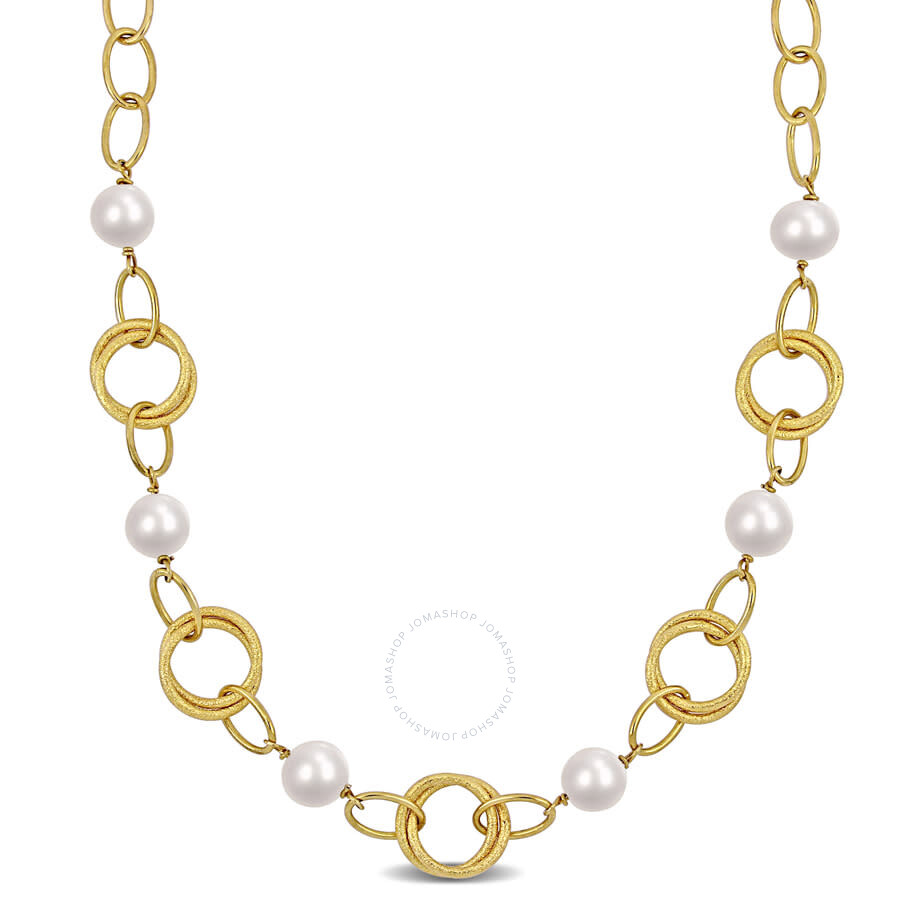 Shop Amour 9-10mm Cultured Freshwater Pearl And Circle Rings Station Necklace In Yellow Plated Sterling S