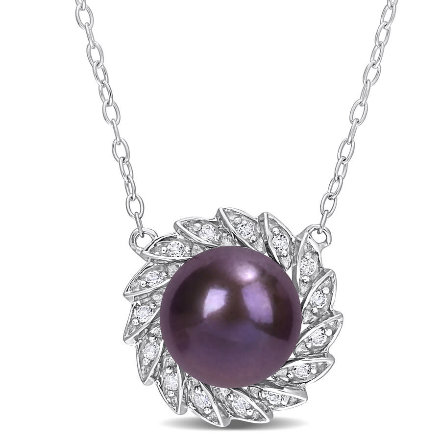 Amour 9.5-10mm Black Freshwater Cultured Pearl And 1/6 Ct Tgw White Topaz Floral Pendant With Chain In White