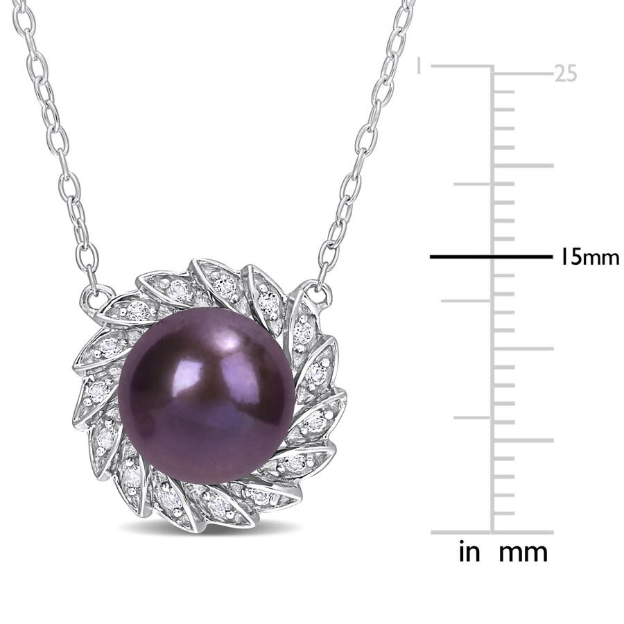Amour 9.5-10mm Black Freshwater Cultured Pearl And 1/6 Ct Tgw White Topaz Floral Pendant With Chain In White