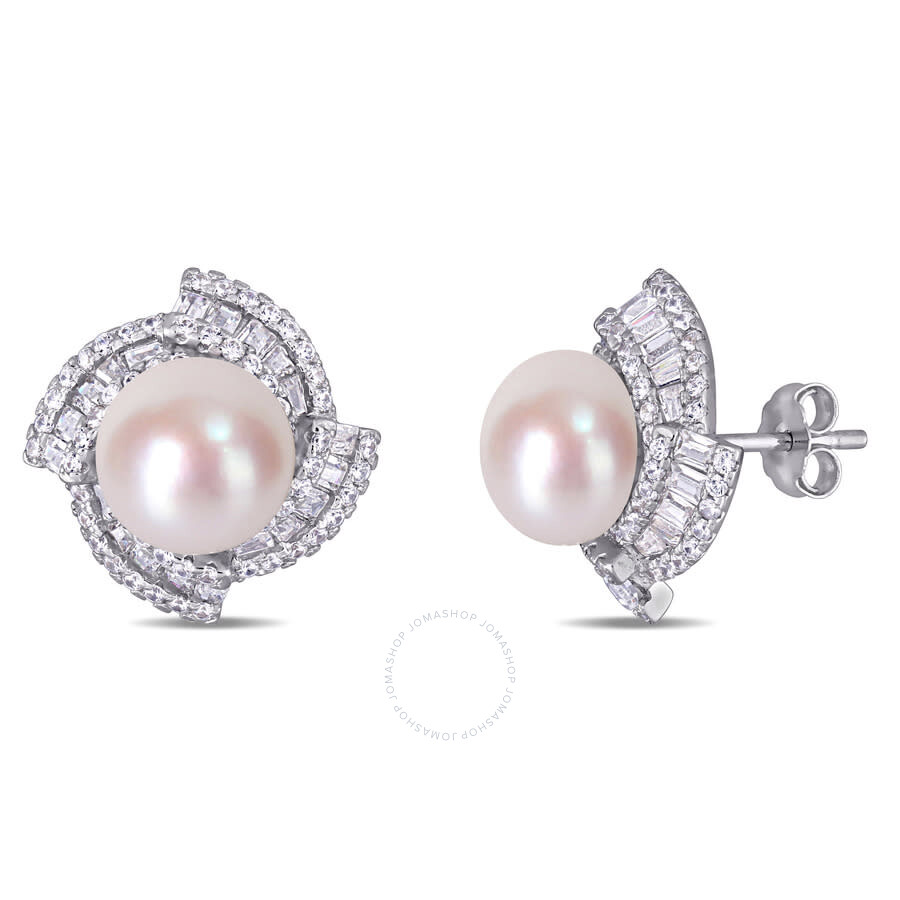 Shop Amour 9.5 - 10 Mm Cultured Freshwater Pearl And 2 1/8 Ct Tgw Cubic Zirconia Geometric Stud Earrings  In White