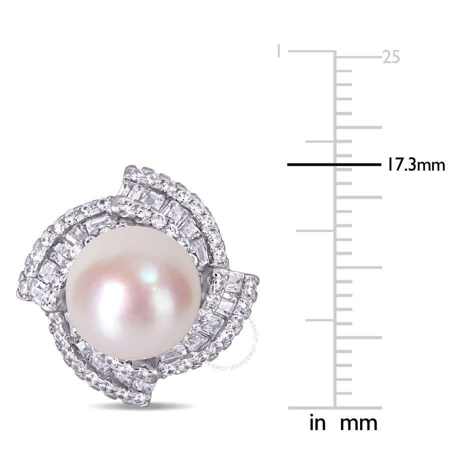 Shop Amour 9.5 - 10 Mm Cultured Freshwater Pearl And 2 1/8 Ct Tgw Cubic Zirconia Geometric Stud Earrings  In White