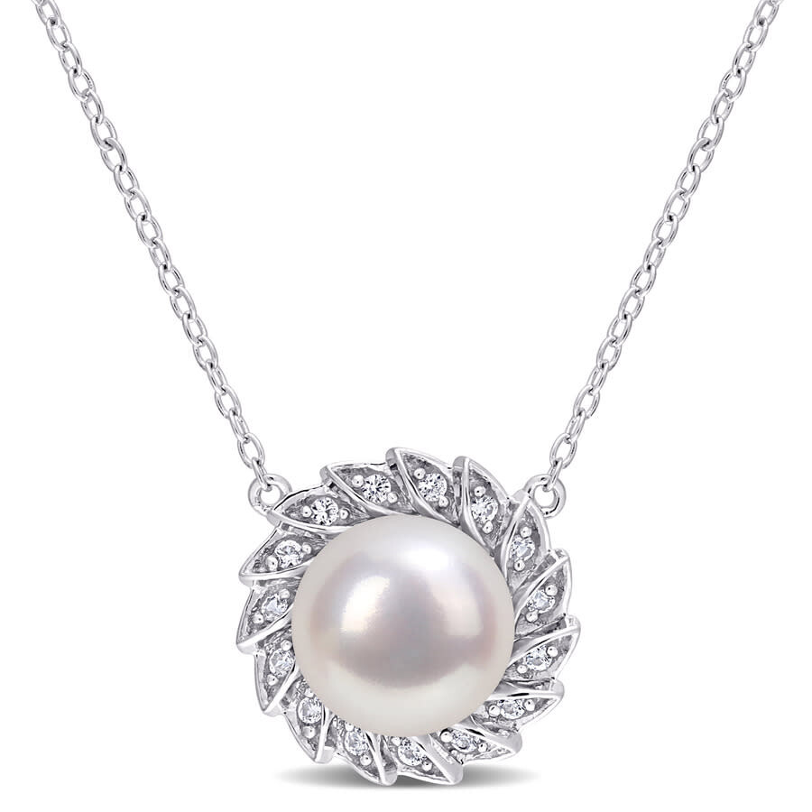 Amour 9.5-10mm Freshwater Cultured Pearl And 1/6 Ct Tgw Created White Sapphire Halo Pearl Pendant Wi In White