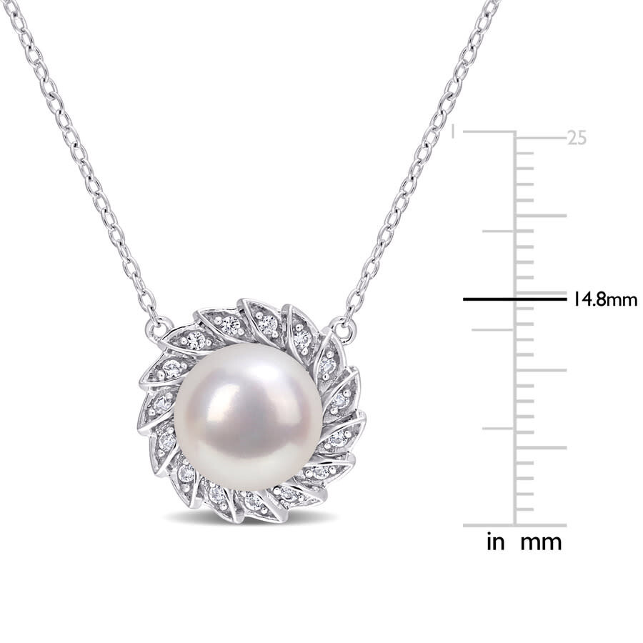 Amour 9.5-10mm Freshwater Cultured Pearl And 1/6 Ct Tgw Created White Sapphire Halo Pearl Pendant Wi In White