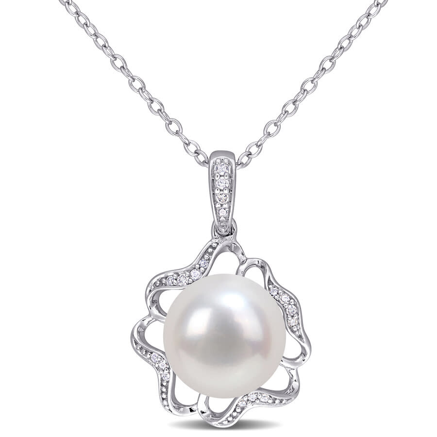 Amour 9.5-10mm Freshwater Cultured Pearl And Diamond-accent Floral Pendant With Chain In Sterling Si In White