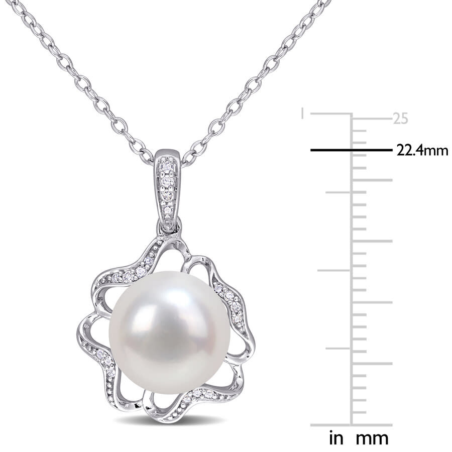 Amour 9.5-10mm Freshwater Cultured Pearl And Diamond-accent Floral Pendant With Chain In Sterling Si In White