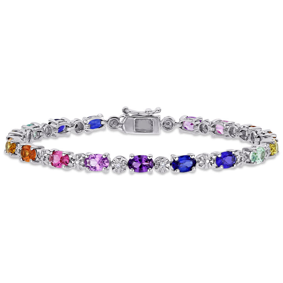 Shop Amour 9-7/8 Ct Tgw Multi-color Created Sapphire And Diamond-accent Tennis Bracelet In Sterling Silve In White