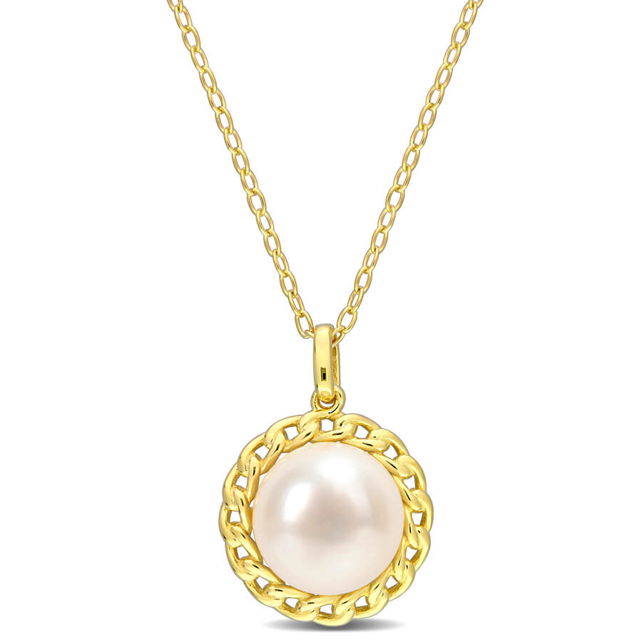 Amour 9-9.5mm Cultured Freshwater Pearl Halo Link Pendant With Chain In Yellow Plated Sterling Silve In Yellow