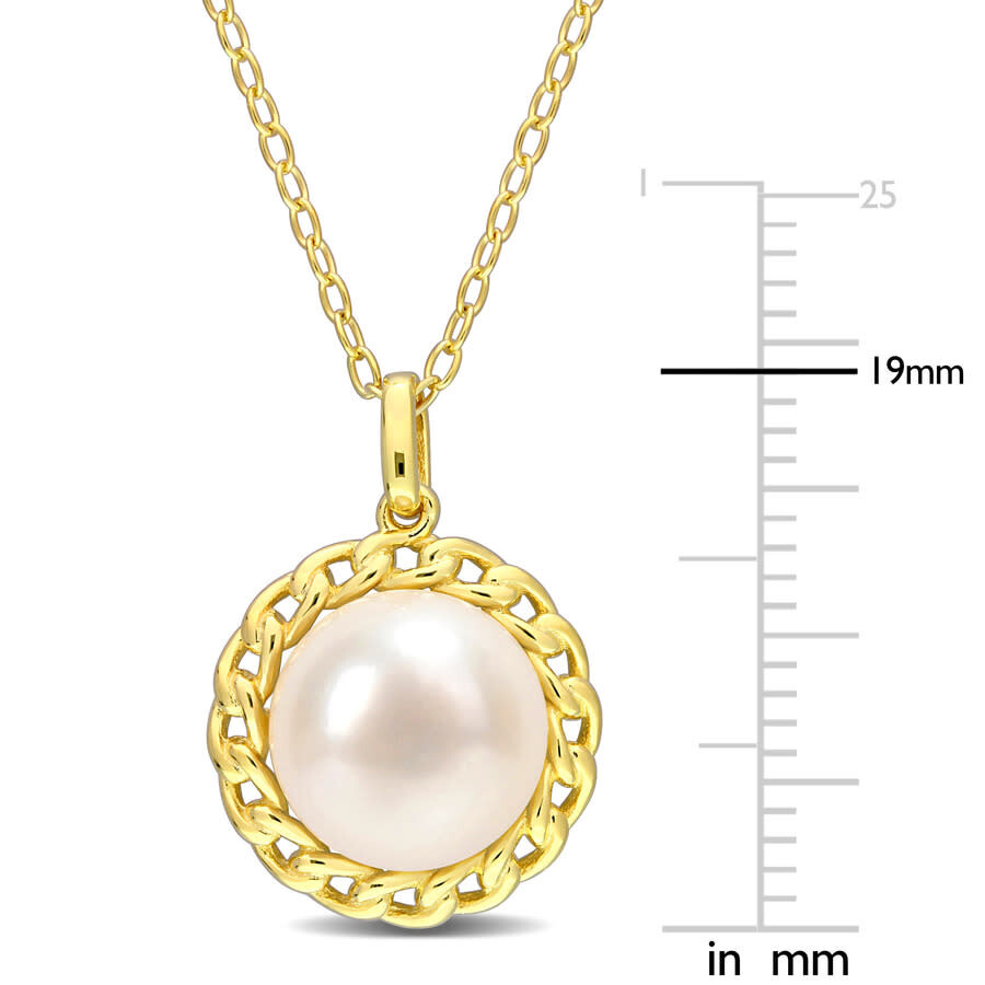 Amour 9-9.5mm Cultured Freshwater Pearl Halo Link Pendant With Chain In Yellow Plated Sterling Silve In Yellow