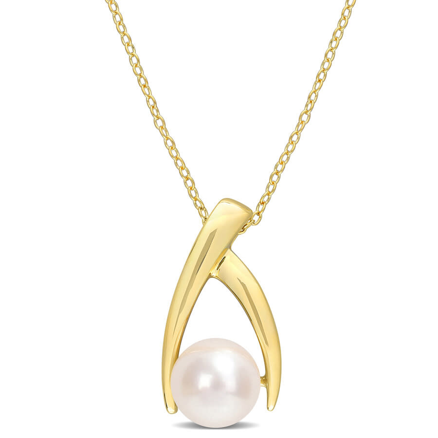 Shop Amour 9-9.5mm Freshwater Cultured Pearl Crisscross Pendant With Chain In Yellow Plated Sterling Silv In Two-tone