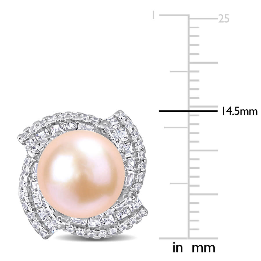 Amour 9-9.5mm Pink Freshwater Cultured Pearl And 2 1/8 Ct Tgw Cubic Zirconia Swirl Earrings In Sterl In White